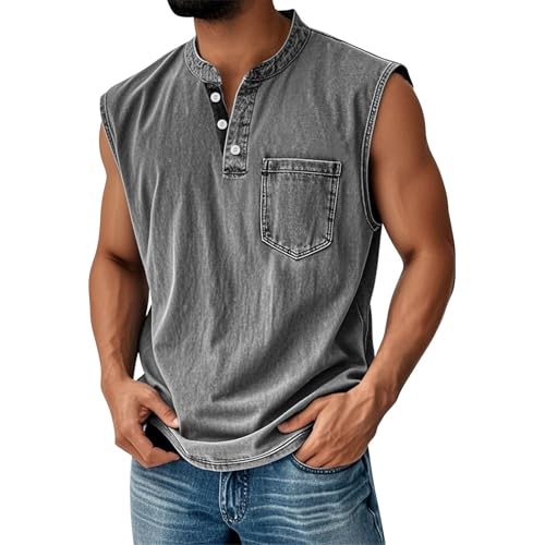 LILIHOT Tank Tops Herren Muskelshirt Knopfleiste V Ausschnitt Sport Tshirts Sommer Ärmellos Unterhemden Muscle Shirts Gym Funktionsshirt Achselshirts Casual Strand Top mit Tasche(#D Dark Gray,XL) von LILIHOT