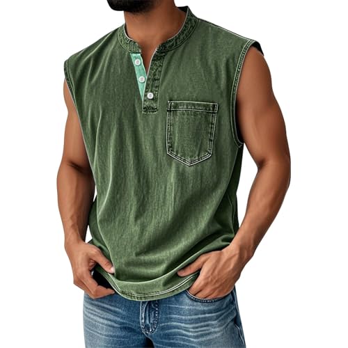 LILIHOT Tank Tops Herren Muskelshirt Knopfleiste V Ausschnitt Sport Tshirts Sommer Ärmellos Unterhemden Muscle Shirts Gym Funktionsshirt Achselshirts Casual Strand Top mit Tasche(#D Dark Green,XXL) von LILIHOT