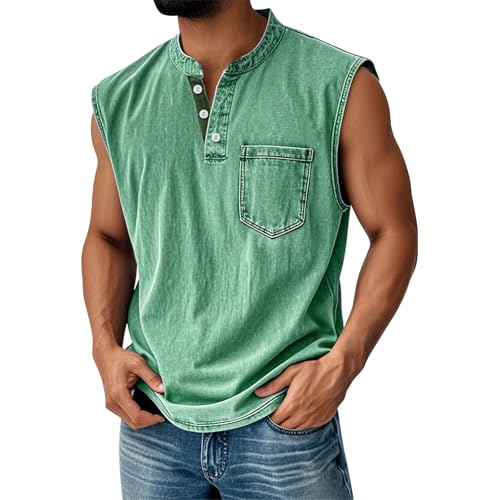 LILIHOT Tank Tops Herren Muskelshirt Knopfleiste V Ausschnitt Sport Tshirts Sommer Ärmellos Unterhemden Muscle Shirts Gym Funktionsshirt Achselshirts Casual Strand Top mit Tasche(#D Mint Green,XL) von LILIHOT