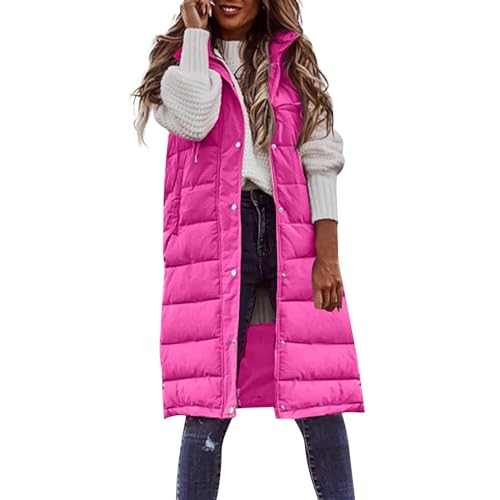 LILIHOT Weste Damen Lang Steppweste Winter Daunenweste Übergangsweste Winterjacke Longweste Winterweste Leichte Warm Gesteppt Casual Reißverschluss Pufferjacke mit Kapuze Daunenmantel(Hot Pink,XXL) von LILIHOT
