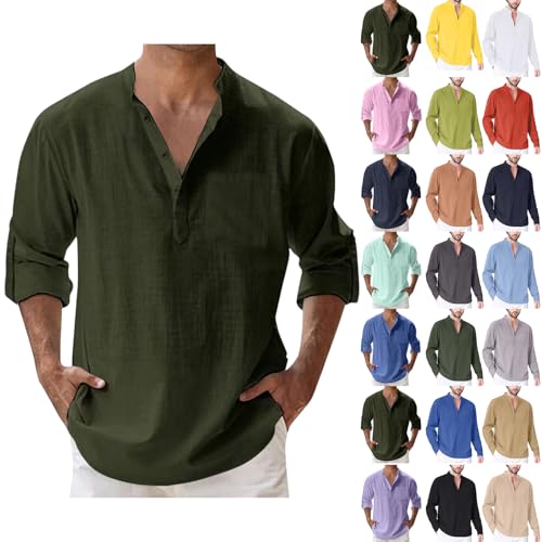 Leinenhemd Herren Hemd Langarmshirt Baumwolle Leinen Sommerhemd Button V Ausschnitt Freizeithemd Regular Fit Henley Shirts Bequem Atmungsaktiv Musselinhemd mit Tasche Leicht Tops(#A Army Green,3XL) von LILIHOT