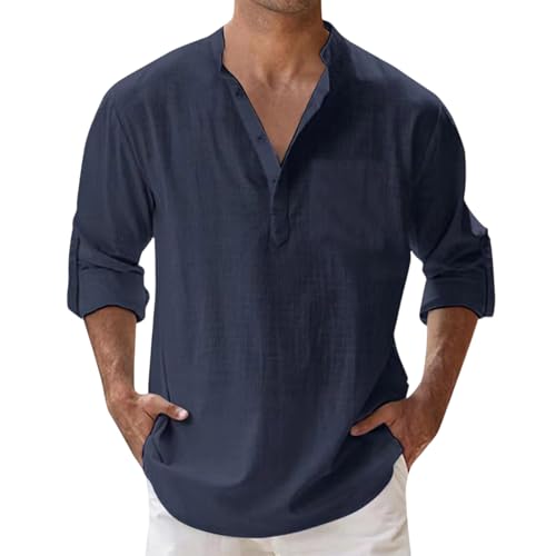 LILIHOT Leinenhemd Herren Hemd Langarmshirt Baumwolle Leinen Sommerhemd Button V Ausschnitt Freizeithemd Regular Fit Henley Shirts Bequem Atmungsaktiv Musselinhemd mit Tasche Leicht Tops(#B Navy,XL) von LILIHOT