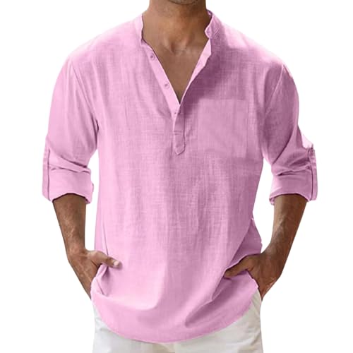 Leinenhemd Herren Hemd Langarmshirt Baumwolle Leinen Sommerhemd Button V Ausschnitt Freizeithemd Regular Fit Henley Shirts Bequem Atmungsaktiv Musselinhemd mit Tasche Leicht Tops(#B Pink,L) von LILIHOT