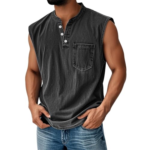 Tank Tops Herren Muskelshirt Knopfleiste V Ausschnitt Sport Tshirts Sommer Ärmellos Unterhemden Atmungsaktiv Muscle Shirts Gym Funktionsshirt Achselshirts Casual Strand Top mit Tasche(#A Black,L) von LILIHOT