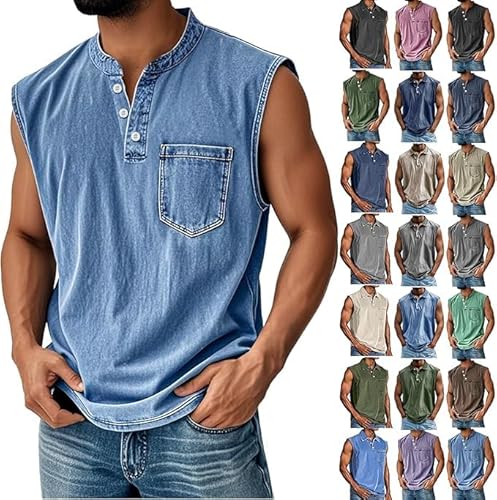 Tank Tops Herren Muskelshirt Knopfleiste V Ausschnitt Sport Tshirts Sommer Ärmellos Unterhemden Atmungsaktiv Muscle Shirts Gym Funktionsshirt Achselshirts Casual Strand Top mit Tasche(#A Blue,XL) von LILIHOT