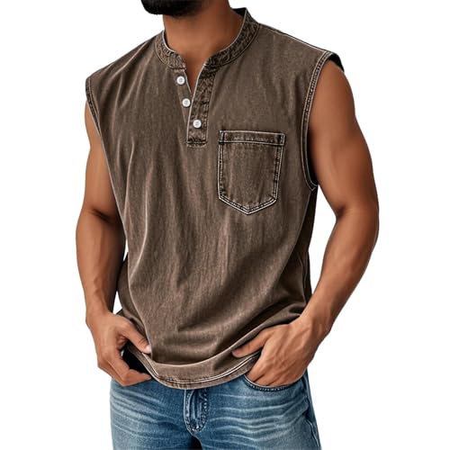 Tank Tops Herren Muskelshirt Knopfleiste V Ausschnitt Sport Tshirts Sommer Ärmellos Unterhemden Atmungsaktiv Muscle Shirts Gym Funktionsshirt Achselshirts Casual Strand Top mit Tasche(#A Brown,3XL) von LILIHOT