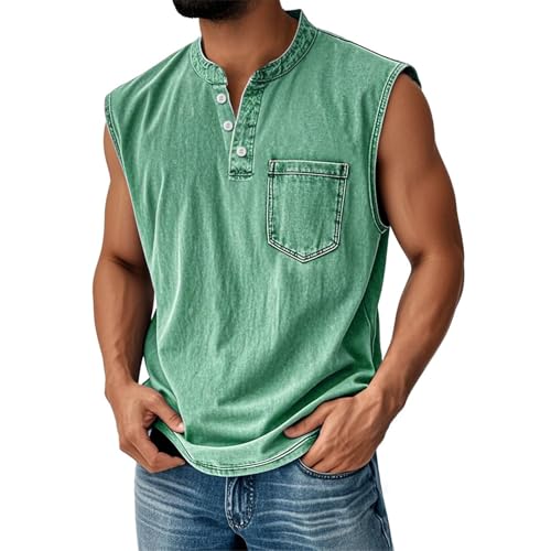 Tank Tops Herren Muskelshirt Knopfleiste V Ausschnitt Sport Tshirts Sommer Ärmellos Unterhemden Atmungsaktiv Muscle Shirts Gym Funktionsshirt Achselshirts Casual Strand Top mit Tasche(#A Green,M) von LILIHOT