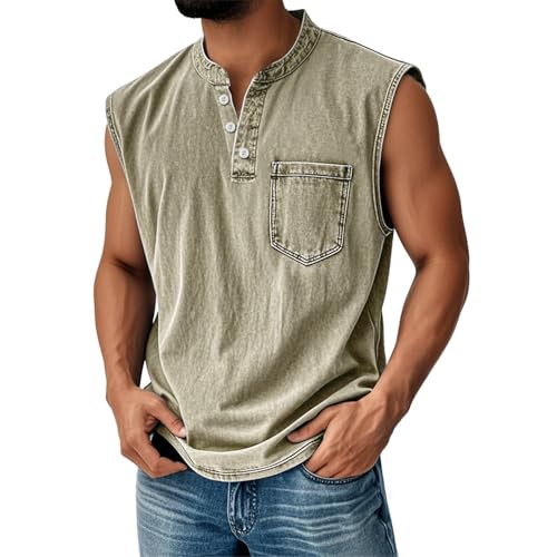 Tank Tops Herren Muskelshirt Knopfleiste V Ausschnitt Sport Tshirts Sommer Ärmellos Unterhemden Atmungsaktiv Muscle Shirts Gym Funktionsshirt Achselshirts Casual Strand Top mit Tasche(#A Khaki,M) von LILIHOT