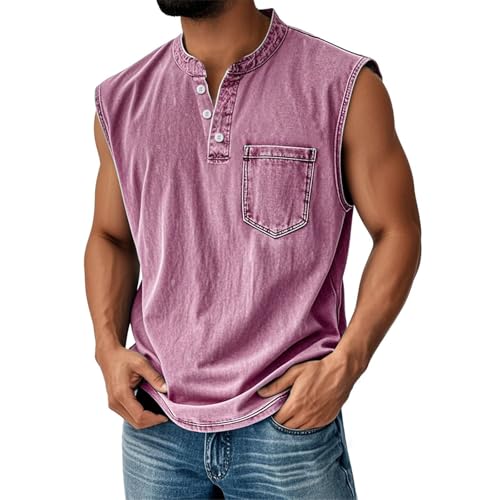 Tank Tops Herren Muskelshirt Knopfleiste V Ausschnitt Sport Tshirts Sommer Ärmellos Unterhemden Atmungsaktiv Muscle Shirts Gym Funktionsshirt Achselshirts Casual Strand Top mit Tasche(#A Pink,XXL) von LILIHOT