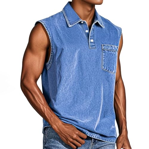 Tank Tops Herren Muskelshirt Knopfleiste V Ausschnitt Sport Tshirts Sommer Ärmellos Unterhemden Atmungsaktiv Muscle Shirts Gym Funktionsshirt Achselshirts Casual Strand Top mit Tasche(#B Blue,XL) von LILIHOT