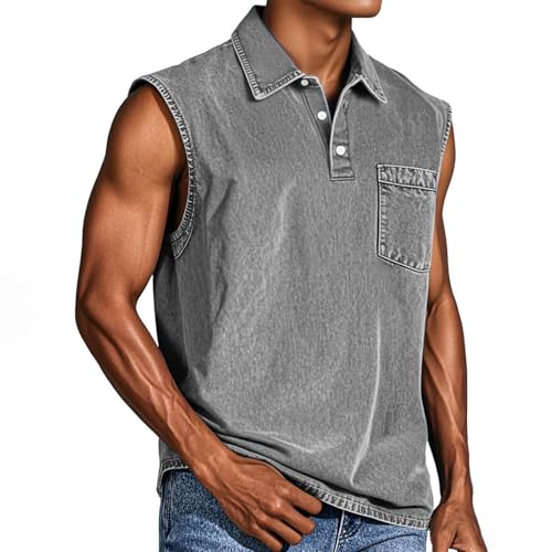 Tank Tops Herren Muskelshirt Knopfleiste V Ausschnitt Sport Tshirts Sommer Ärmellos Unterhemden Atmungsaktiv Muscle Shirts Gym Funktionsshirt Achselshirts Casual Strand Top mit Tasche(#B Gray,XXL) von LILIHOT