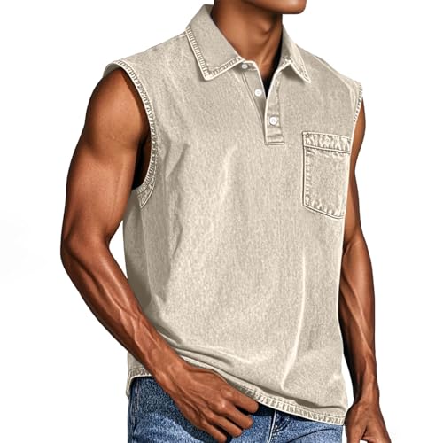 Tank Tops Herren Muskelshirt Knopfleiste V Ausschnitt Sport Tshirts Sommer Ärmellos Unterhemden Atmungsaktiv Muscle Shirts Gym Funktionsshirt Achselshirts Casual Strand Top mit Tasche(#B Green,XXL) von LILIHOT