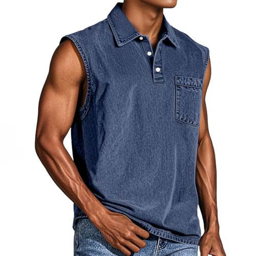Tank Tops Herren Muskelshirt Knopfleiste V Ausschnitt Sport Tshirts Sommer Ärmellos Unterhemden Atmungsaktiv Muscle Shirts Gym Funktionsshirt Achselshirts Casual Strand Top mit Tasche(#B Navy,XXL) von LILIHOT
