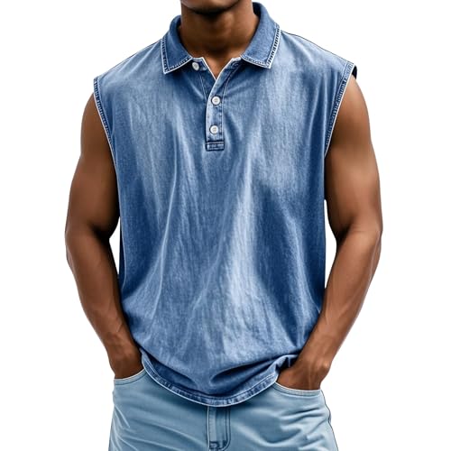 Tank Tops Herren Muskelshirt Knopfleiste V Ausschnitt Sport Tshirts Sommer Ärmellos Unterhemden Atmungsaktiv Muscle Shirts Gym Funktionsshirt Achselshirts Casual Strand Top mit Tasche(#C Blue,L) von LILIHOT