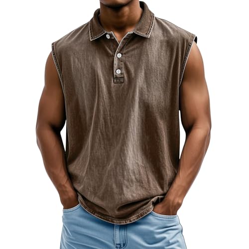 Tank Tops Herren Muskelshirt Knopfleiste V Ausschnitt Sport Tshirts Sommer Ärmellos Unterhemden Atmungsaktiv Muscle Shirts Gym Funktionsshirt Achselshirts Casual Strand Top mit Tasche(#C Brown,3XL) von LILIHOT