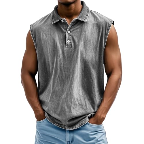 Tank Tops Herren Muskelshirt Knopfleiste V Ausschnitt Sport Tshirts Sommer Ärmellos Unterhemden Atmungsaktiv Muscle Shirts Gym Funktionsshirt Achselshirts Casual Strand Top mit Tasche(#C Gray,XL) von LILIHOT