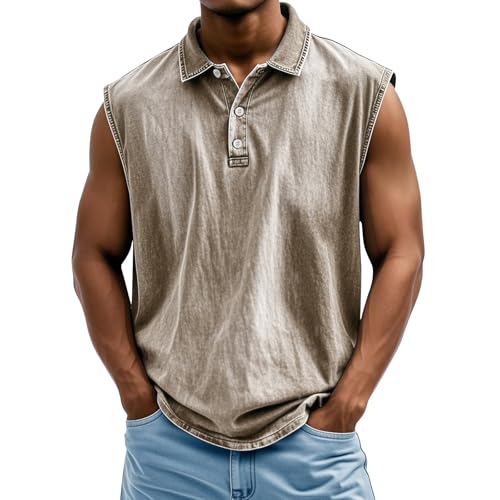 Tank Tops Herren Muskelshirt Knopfleiste V Ausschnitt Sport Tshirts Sommer Ärmellos Unterhemden Atmungsaktiv Muscle Shirts Gym Funktionsshirt Achselshirts Casual Strand Top mit Tasche(#C Khaki,3XL) von LILIHOT
