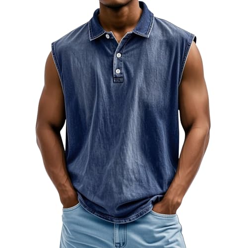 Tank Tops Herren Muskelshirt Knopfleiste V Ausschnitt Sport Tshirts Sommer Ärmellos Unterhemden Atmungsaktiv Muscle Shirts Gym Funktionsshirt Achselshirts Casual Strand Top mit Tasche(#C Navy,XL) von LILIHOT