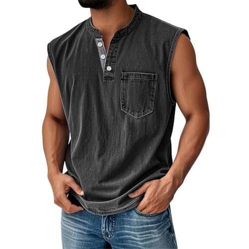 Tank Tops Herren Muskelshirt Knopfleiste V Ausschnitt Sport Tshirts Sommer Ärmellos Unterhemden Atmungsaktiv Muscle Shirts Gym Funktionsshirt Achselshirts Casual Strand Top mit Tasche(#D Black,XL) von LILIHOT