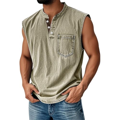 Tank Tops Herren Muskelshirt Knopfleiste V Ausschnitt Sport Tshirts Sommer Ärmellos Unterhemden Atmungsaktiv Muscle Shirts Gym Funktionsshirt Achselshirts Casual Strand Top mit Tasche(#D Khaki,3XL) von LILIHOT