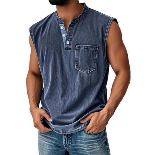 Tank Tops Herren Muskelshirt Knopfleiste V Ausschnitt Sport Tshirts Sommer Ärmellos Unterhemden Atmungsaktiv Muscle Shirts Gym Funktionsshirt Achselshirts Casual Strand Top mit Tasche(#D Navy,M) von LILIHOT