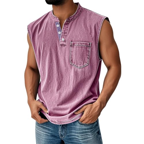 Tank Tops Herren Muskelshirt Knopfleiste V Ausschnitt Sport Tshirts Sommer Ärmellos Unterhemden Atmungsaktiv Muscle Shirts Gym Funktionsshirt Achselshirts Casual Strand Top mit Tasche(#D Pink,XXL) von LILIHOT