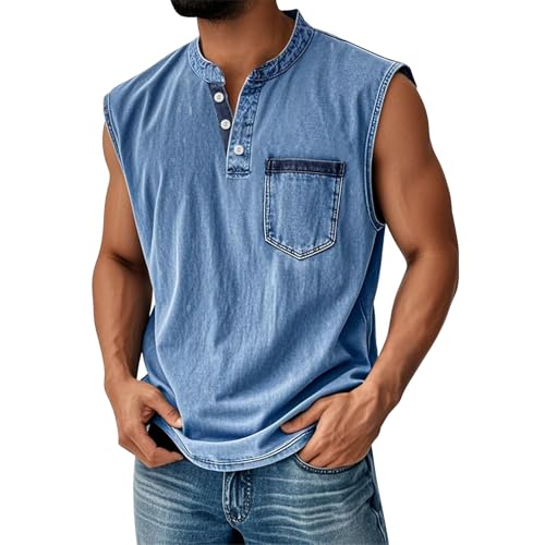 Tank Tops Herren Muskelshirt Knopfleiste V Ausschnitt Sport Tshirts Sommer Ärmellos Unterhemden Atmungsaktiv Muscle Shirts Gym Funktionsshirt Achselshirts Casual Strand Top mit Tasche(#E Blue,L) von LILIHOT