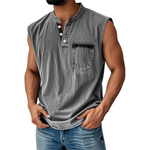 Tank Tops Herren Muskelshirt Knopfleiste V Ausschnitt Sport Tshirts Sommer Ärmellos Unterhemden Atmungsaktiv Muscle Shirts Gym Funktionsshirt Achselshirts Casual Strand Top mit Tasche(#E Dark Gray,L) von LILIHOT