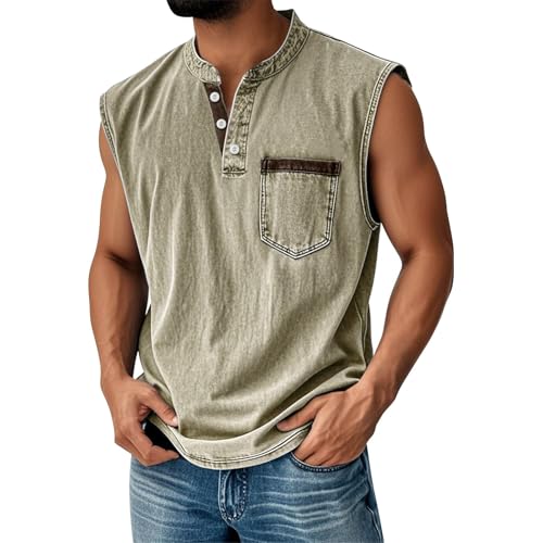 Tank Tops Herren Muskelshirt Knopfleiste V Ausschnitt Sport Tshirts Sommer Ärmellos Unterhemden Atmungsaktiv Muscle Shirts Gym Funktionsshirt Achselshirts Casual Strand Top mit Tasche(#E Khaki,L) von LILIHOT
