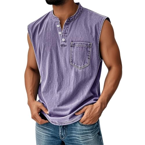 Tank Tops Herren Muskelshirt Knopfleiste V Neck Sport T-Shirt Sommer Ärmelloses Unterhemden Atmungsaktiv Muscle Shirts Gym Funktionsshirt Achselshirts Freizeit Strand Top mit Brusttasche(#A Purple,L) von LILIHOT