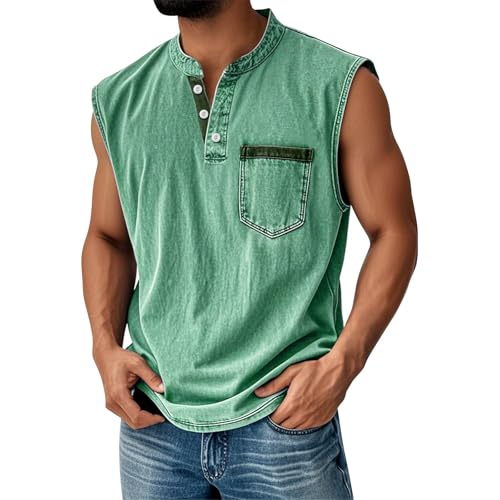 Tank Tops Herren Muskelshirt Knopfleiste V Neck Sport T-Shirt Sommer Ärmelloses Unterhemden Muscle Shirts Gym Funktionsshirt Achselshirts Freizeit Strand Top mit Brusttasche(#E Mint Green,XXL) von LILIHOT