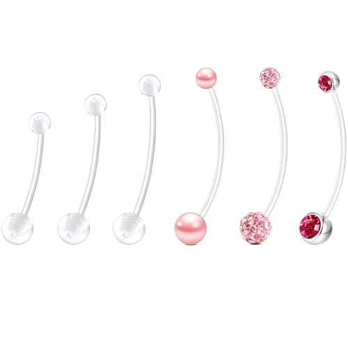 14 G Clear Lang Bauchnabelpiercing Schwangerschaft für Damen Frauen 6 stk Acryl Bauchnabel Piercing Kunststoff Nabelpiercing Set Rosa Plastik Retainers Kit Pregnancy Belly Button Rings Size 32-38 MM von LILIJUAN