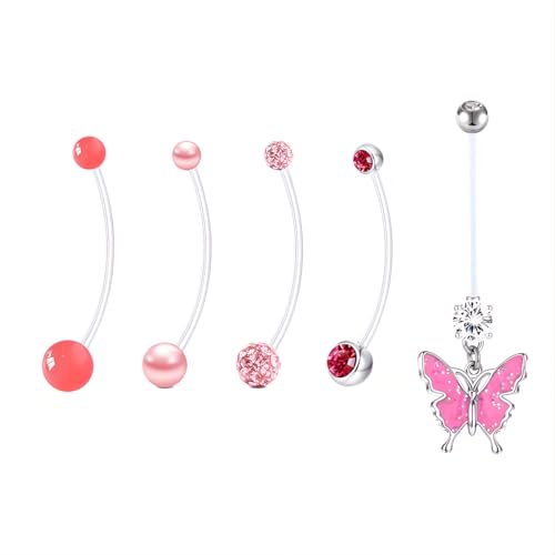14 G Rosa Lang Bauchnabelpiercing Schwangerschaft für Damen 5 stk Acryl Nabelpiercing Retainers Schmetterling Plastik Bauchnabel Piercing Set Kunststoff Pregnancy Belly Button Rings Kit Length 38 MM von LILIJUAN
