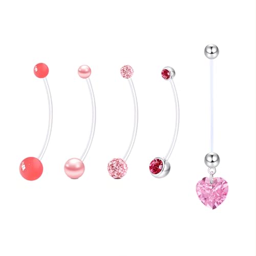 14 G Rosa Lang Bauchnabelpiercing Schwangerschaft für Damen 5 stk Acryl Nabelpiercing Retainers Zirkon Herz Plastik Bauchnabel Piercing Set Kunststoff Pregnancy Belly Button Rings Kit Length 38 MM von LILIJUAN