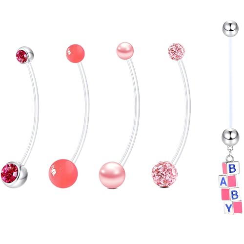 14 G Rosa Lang Bauchnabelpiercing Schwangerschaft für Damen Frauen 5 stk Acryl Nabelpiercing Plastik Clear Bauchnabel Piercing Set Pregnancy Belly Button Rings Kunststoff Retainers Kit Length 38 MM von LILIJUAN