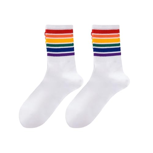 1 Pair Regenbogen Socken Pride Outfit Lgbtq Accessoires Rainbow Lesbian Merch Damen 39-42 Tennissocken Sportsocken Bunte Strümpfe Weiß Lgbt Deko Baumwolle Unisex Socks Ringelsocken Regenbogen-Socken von LILIKAI