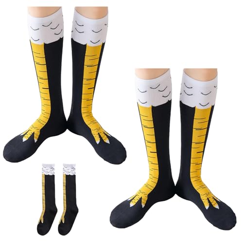 2 Paare Chicken Leg Socks,Hühner Socken Huhn Kostüm Erwachsene Hühnerbein Kniehohe Hahn FeetStrümpfe Hühnchen Wadensocken Lustige Fun Hühnerbeine Faschingskostüm für Damen Herren Kinder Hühnersocken von LILIKAI