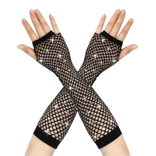 Netzhandschuhe Schwarz,Handschuhe Damen Gloves Lang Halloween Tüll Lange Netz Schwarze Long Mesh Rhinestones Fingerless Glitzer Stulpen 80er Black Accessoires Gothic Rhinestone,für Jede Gelegenheit von LILIKAI
