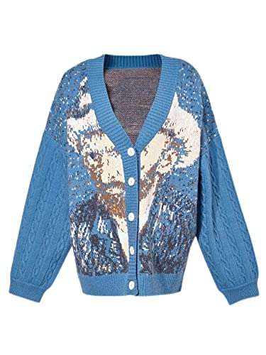 LILILEIDY Van Gogh Vintage Cardigan Knit Herbst Winter Sweater Mantel Lazy V-Ausschnitt Sweater Jacke Loose, Blau, EinheitsgröÃŸe von LILILEIDY