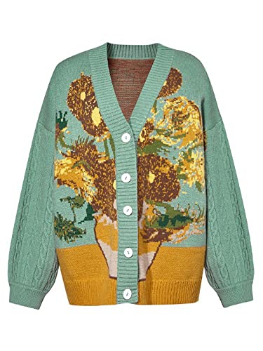 LILILEIDY Van Gogh Vintage Cardigan Strick Herbst Winter Pullover Mantel Lazy V-Ausschnitt Sweater Jacke Lose Sonnenblume, Sonnenblume, Einheitsgröße von LILILEIDY