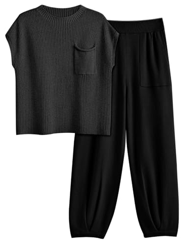 LILLUSORY 2 Stück Outfits Für Frauen Trendy Lounge Sets Gemütliche Strickpullover Kurzarm Mode Loungewear Set, Schwarz, X-Large LILLUSORY 2 Stück Outfits Für Frauen Trendy Lounge Sets Gemütliche Strickpullover Kurzarm Mode Loungewear Set, Schwarz, X-Large von LILLUSORY