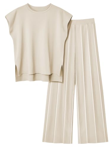 LILLUSORY 2-teiliges Outfit für Damen, gestrickt, leicht, Pullover-Set, lässig, Lounge-Sets, kurzärmelig, Oberteil, elastische Taille, Beige, XL von LILLUSORY