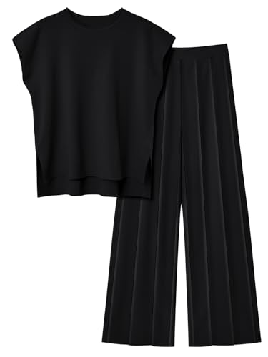 LILLUSORY 2-teiliges Outfit für Damen, gestrickt, leicht, passende Lounge-Sets, Flügelärmel, Oberteil und elastische Bundfaltenhose, Schwarz, Medium von LILLUSORY