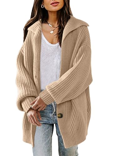 LILLUSORY Damen 2022 Langarm Slouchy Weiche Zopfstrick-Strickjacke Offener Knopf Knopf Großer Pullover Mantel Oberbekleidung, khaki, Groß von LILLUSORY