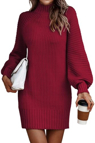 LILLUSORY Damen 2023 Trendiges Stehkragen Kleid für Frauen Langarm Rippstrick Pulloverkleid, Weinrot, Groß von LILLUSORY