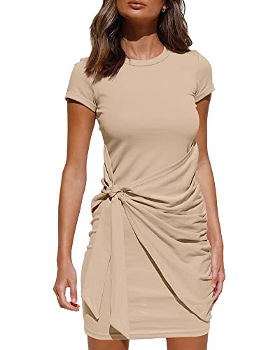 LILLUSORY Damen Casual Kurzarm Wickelkleid Bodycon Geraffte Taille Sommerkleid, aprikose, Klein von LILLUSORY