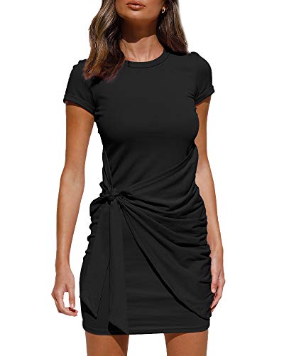 LILLUSORY Damen Casual Kurzarm Wrap Bodycon Geraffte Krawatte Taille Sommerkleid, Schwarz, X-Groß von LILLUSORY