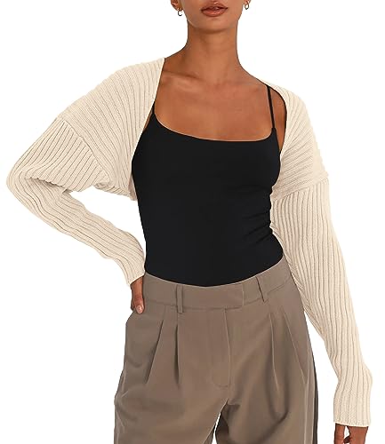 LILLUSORY Damen-Strickjacke, bauchfrei, Bolero, Herbstpullover, niedliches Oberteil, modisch, trendig, langärmelig, Y2K Kleidung, Light Apricot, Medium von LILLUSORY