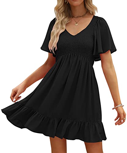 LILLUSORY Flowy Casual Minikleider für Damen, Sommer, gesmokt, V-Ausschnitt, Flatterärmel, Rüschenkleid mit Taschen, Schwarz, Klein von LILLUSORY