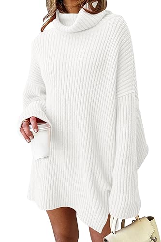 LILLUSORY Damen Herbst Rollkragen Lange Fledermausärmel Pullover Gemütlich Oversized Tunika Pullover Lange Strickoberteile, Weiß, Groß von LILLUSORY